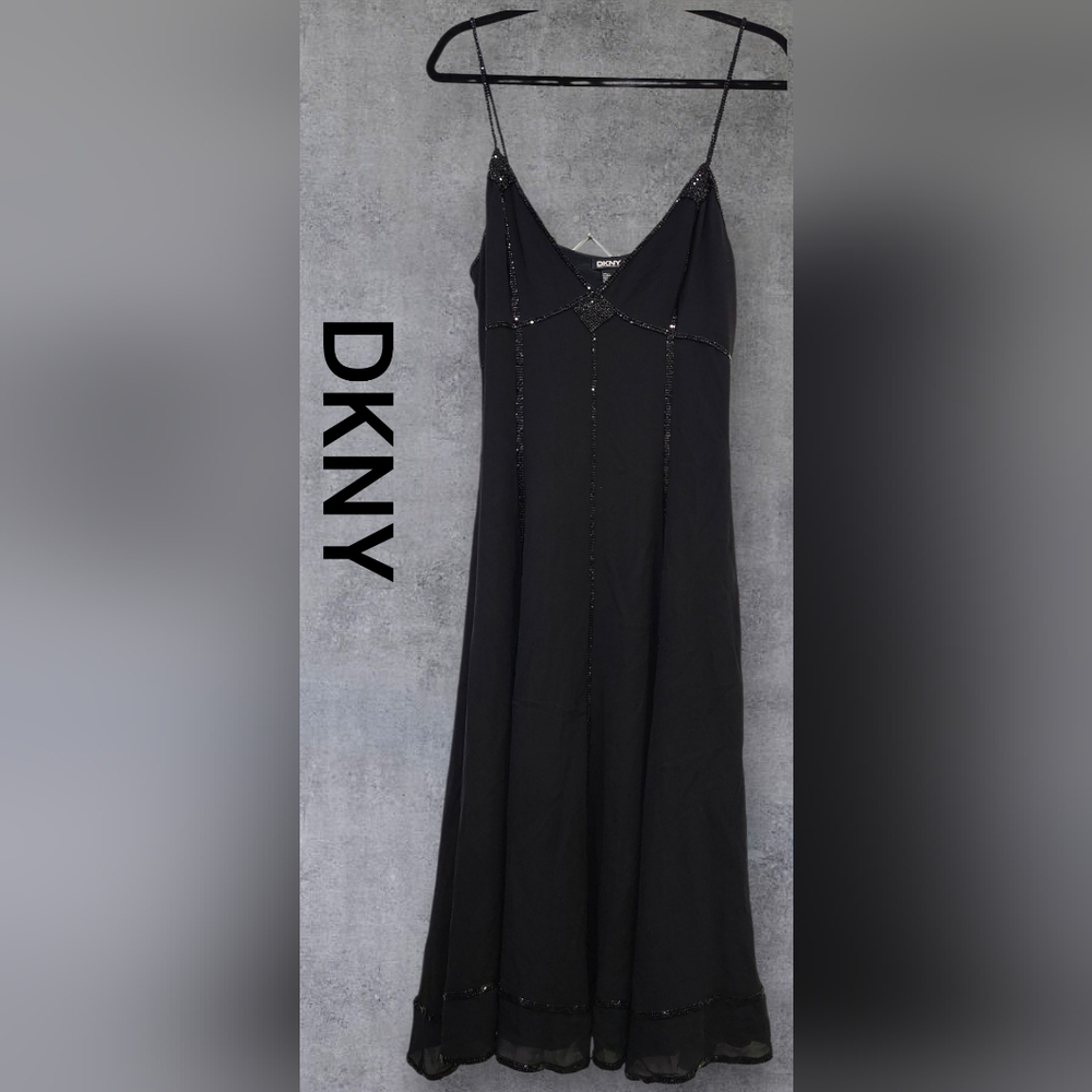 DKNY Black Silk Dress With Glomesh Accents Women's Size 10